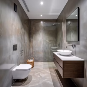 Banheiro moderno com paredes e piso em cimento queimado, destacando o visual clean e sofisticado.