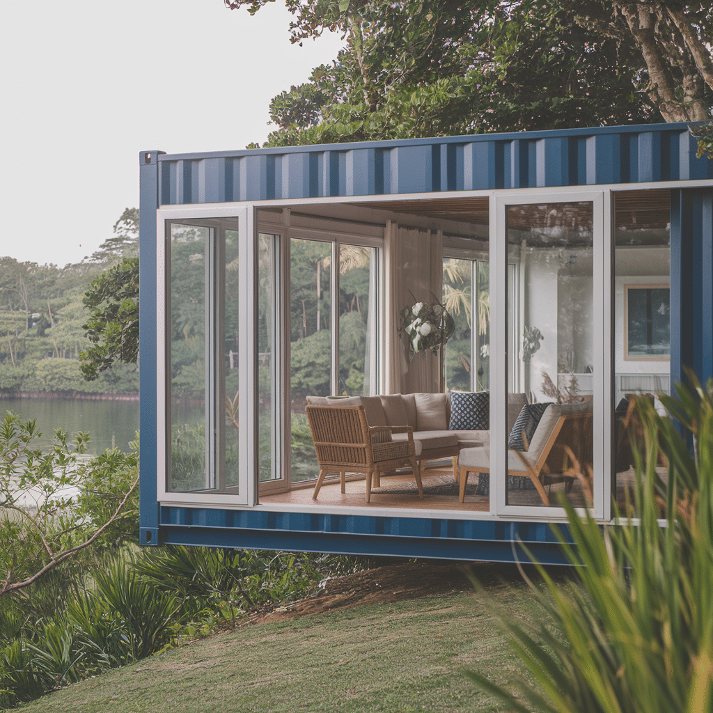 Casa de container no Brasil com design moderno, decorada com móveis aconchegantes e grandes janelas.