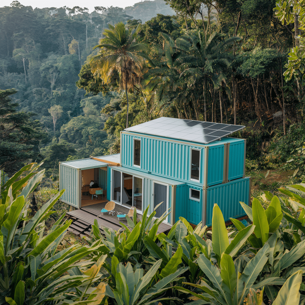 Casa de container sustentável no Brasil, equipada com painéis solares para geração de energia.