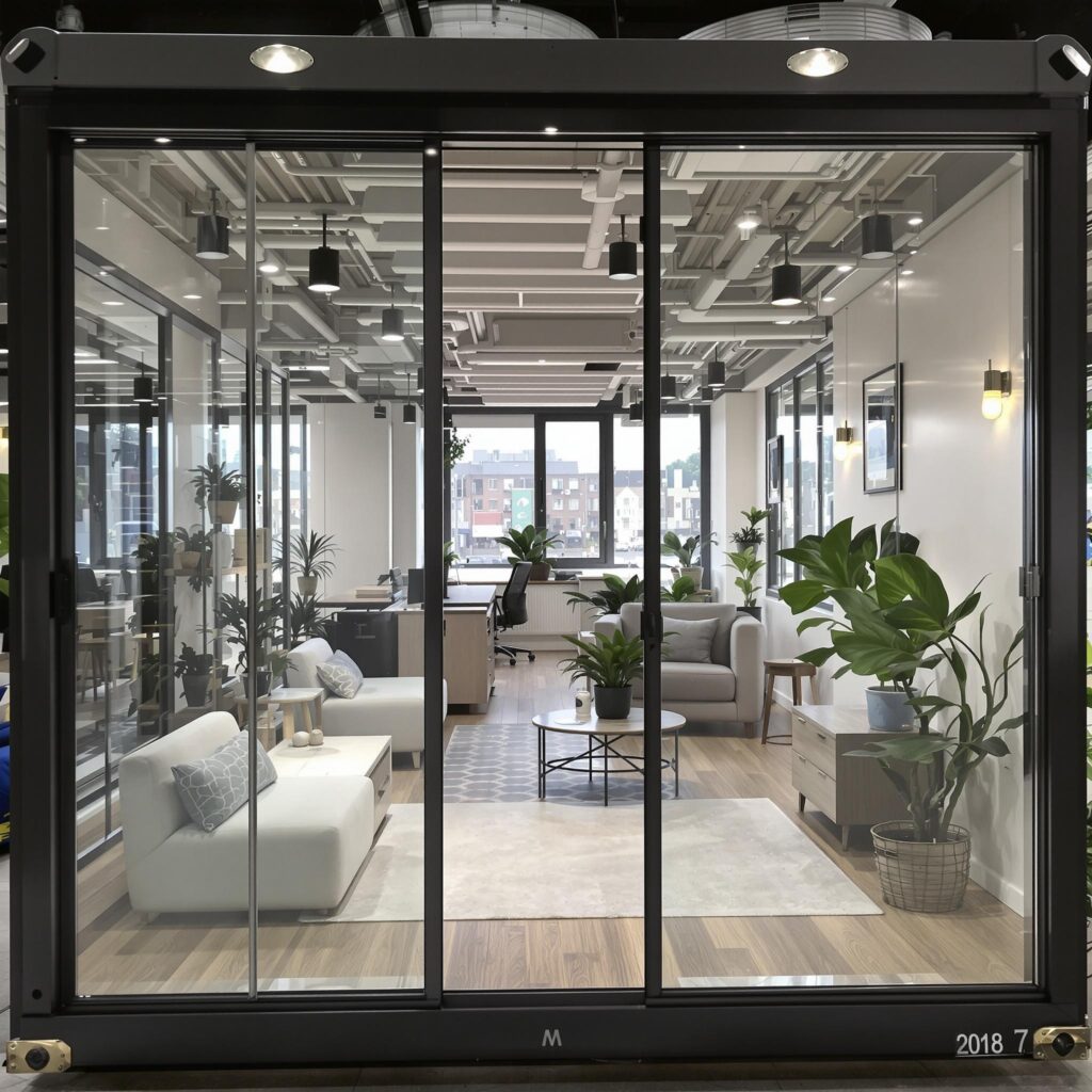 Container escritório moderno, com design contemporâneo e decoração aconchegante.