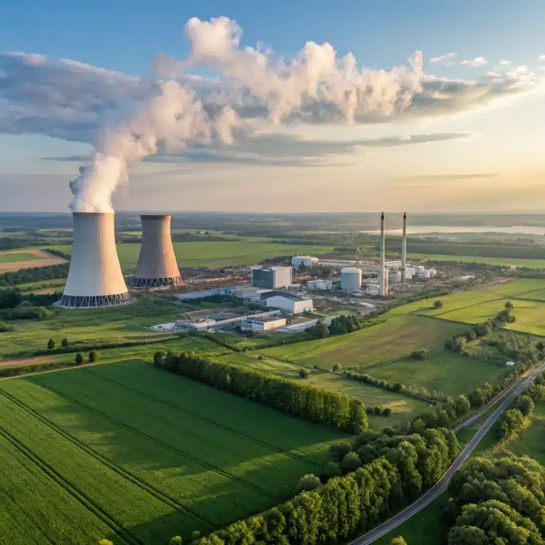 Usina nuclear com torres de resfriamento, gerando energia de forma limpa e eficiente.